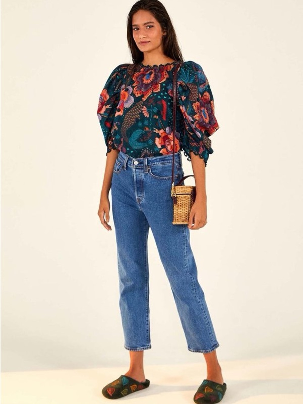 Farm Rio NWT Teal River Creatures Puff Sleeve Blouse Floral Embroidered Size S - Picture 2 of 15